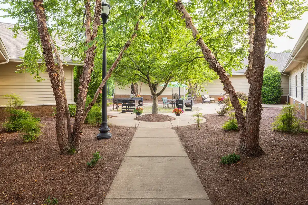 A sidewalk going through the courtyard surrounded by trees at Park Meadows